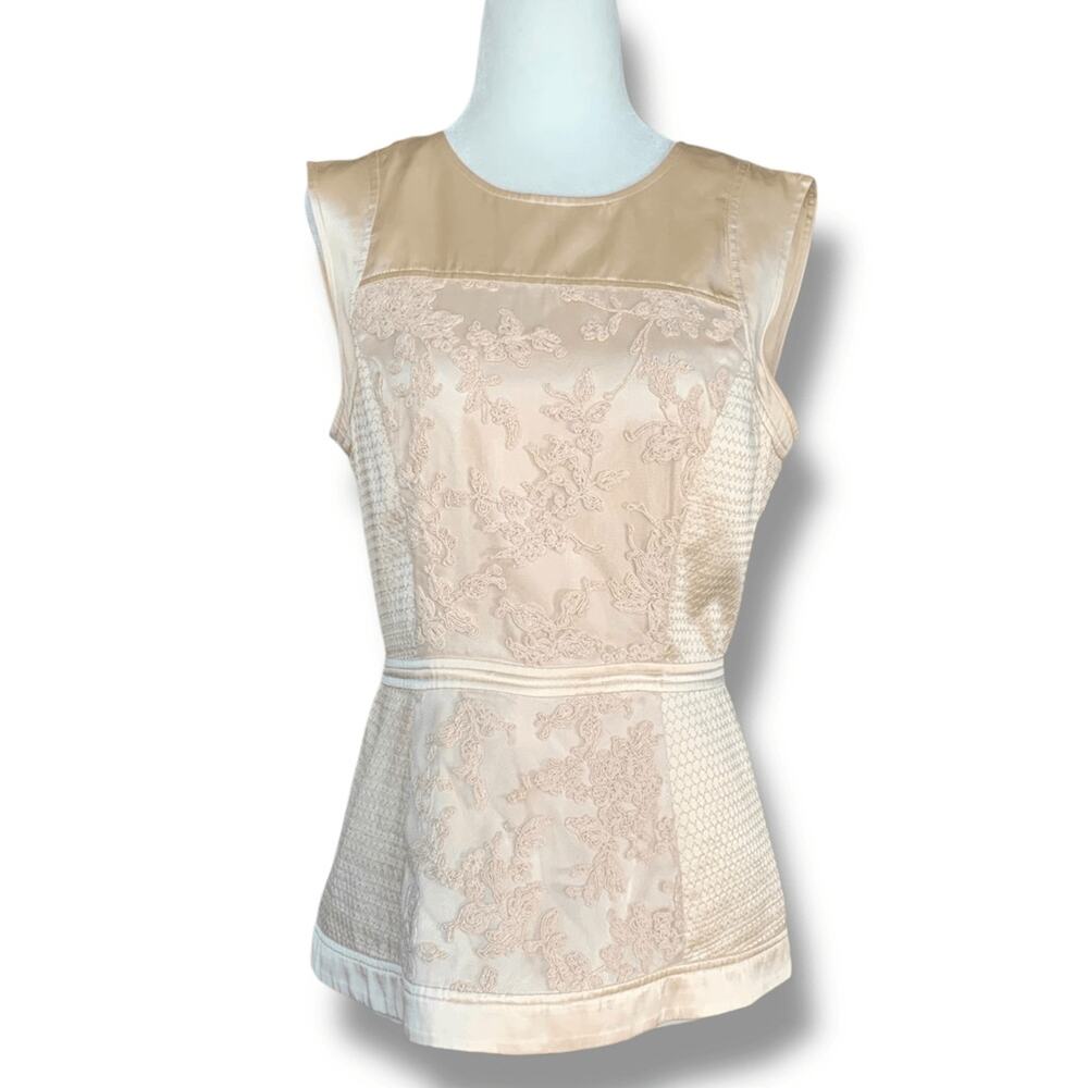BCBG Max Azria Beige Lace Silk Blend Peplum Sleeveless Top Small Boho Romantic